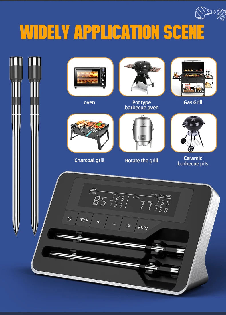 Smart Wireless Meat Thermometer – 5mm Ultra-Thin Bluetooth Probe with Large LCD for BBQ & Oven