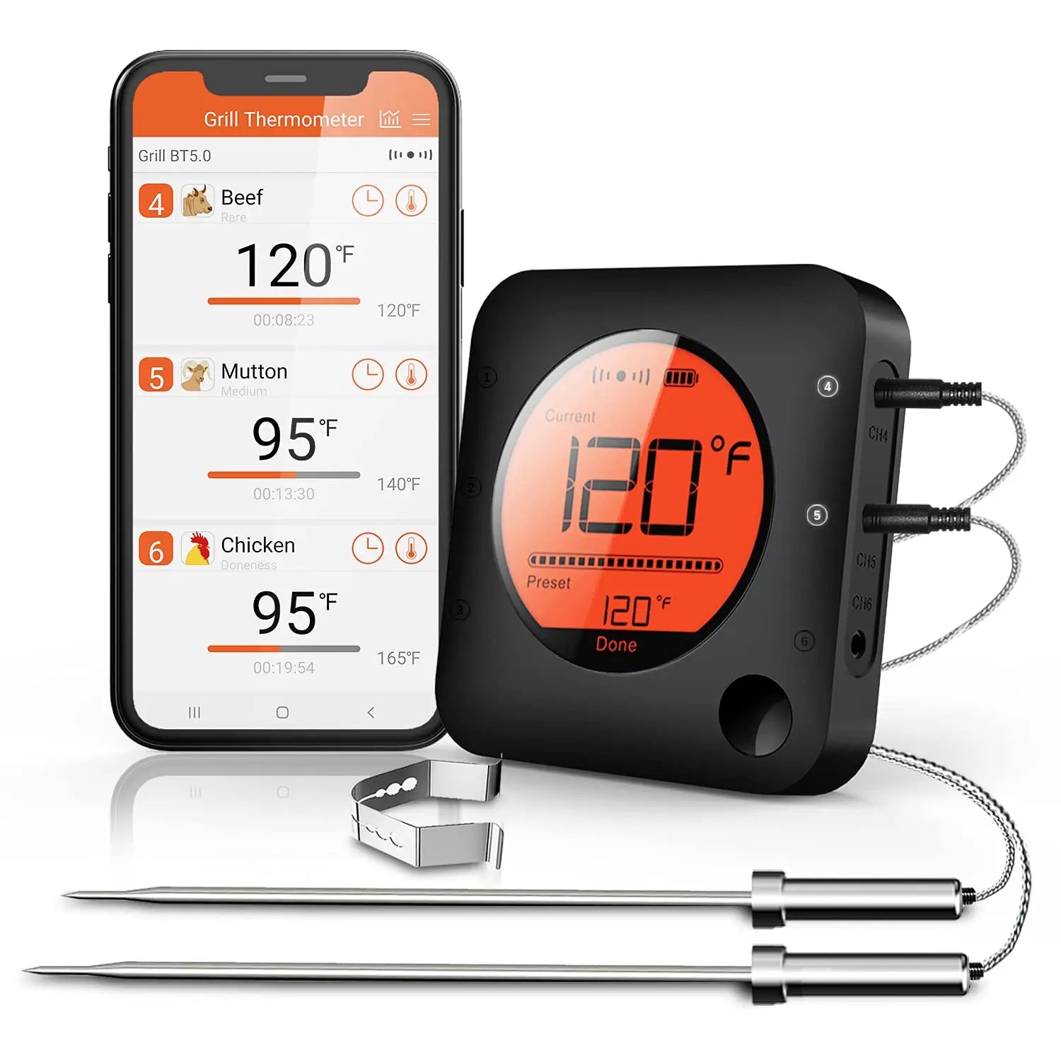 Thermomètre à Viande Bluetooth 6 Sondes – Thermomètre Numérique pour Barbecue, Fumeur, Four et Bonbons