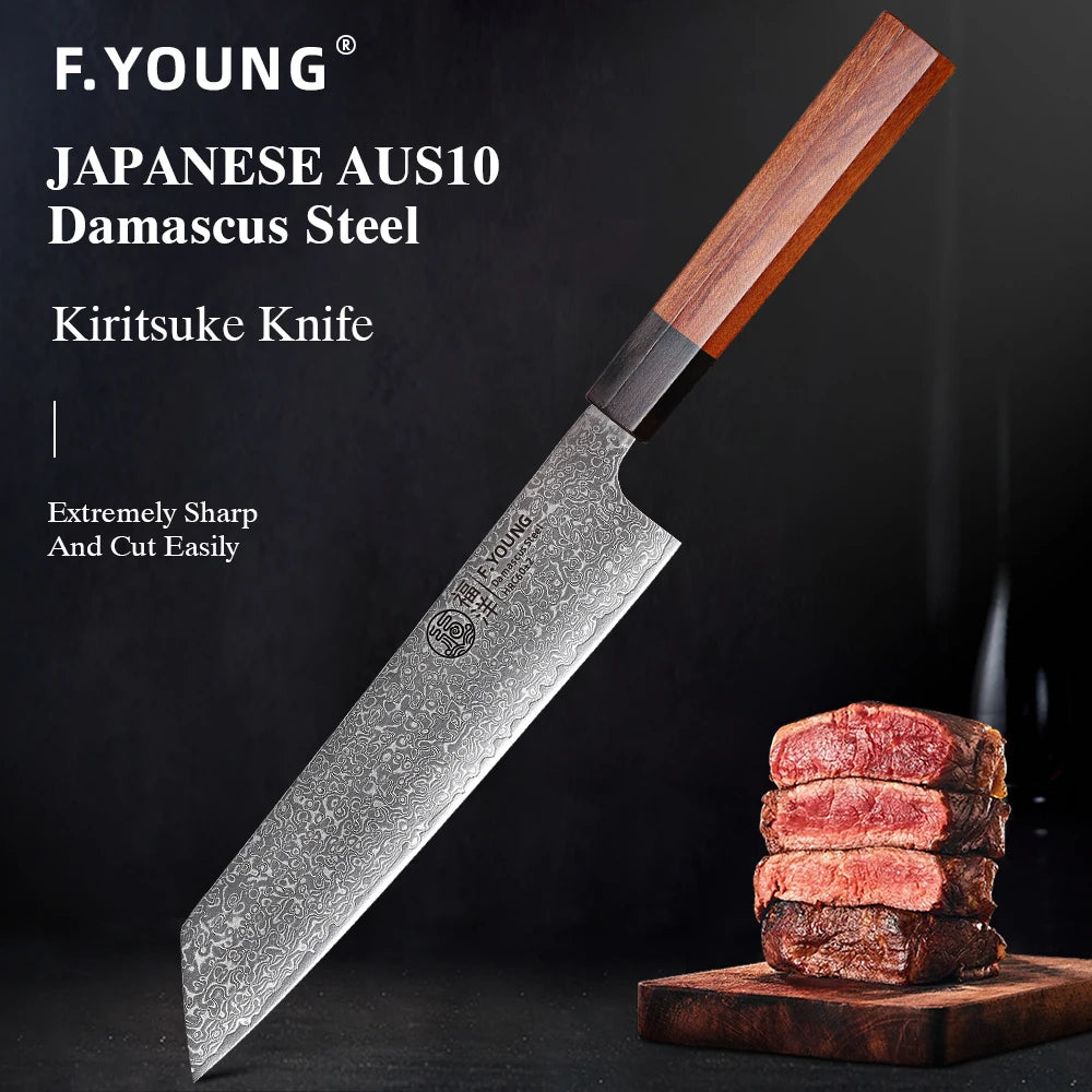 F.YOUNG 8.2" Japanese Style Kiritsuke Knife – Hand Forged Damascus Steel Chef Knife