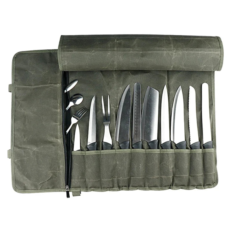 Army green canvas knife roll with 11 slots – photo 2