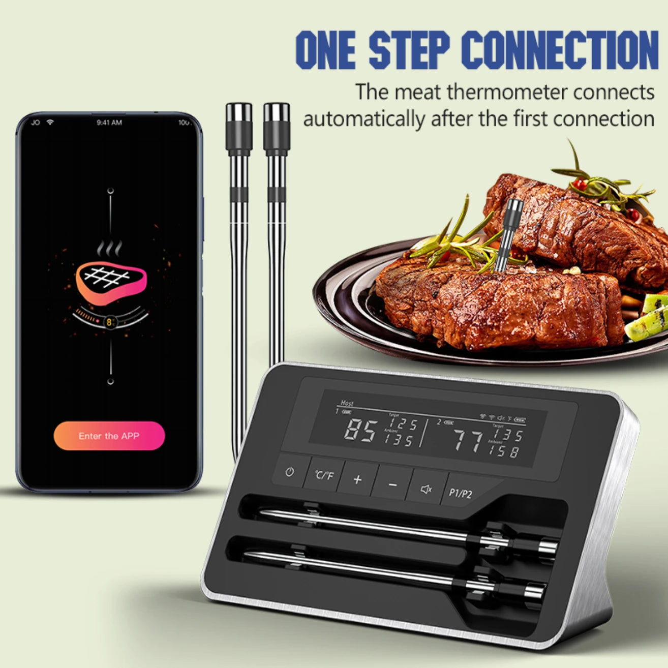 Smart Wireless Meat Thermometer – 5mm Ultra-Thin Bluetooth Probe with Large LCD for BBQ & Oven