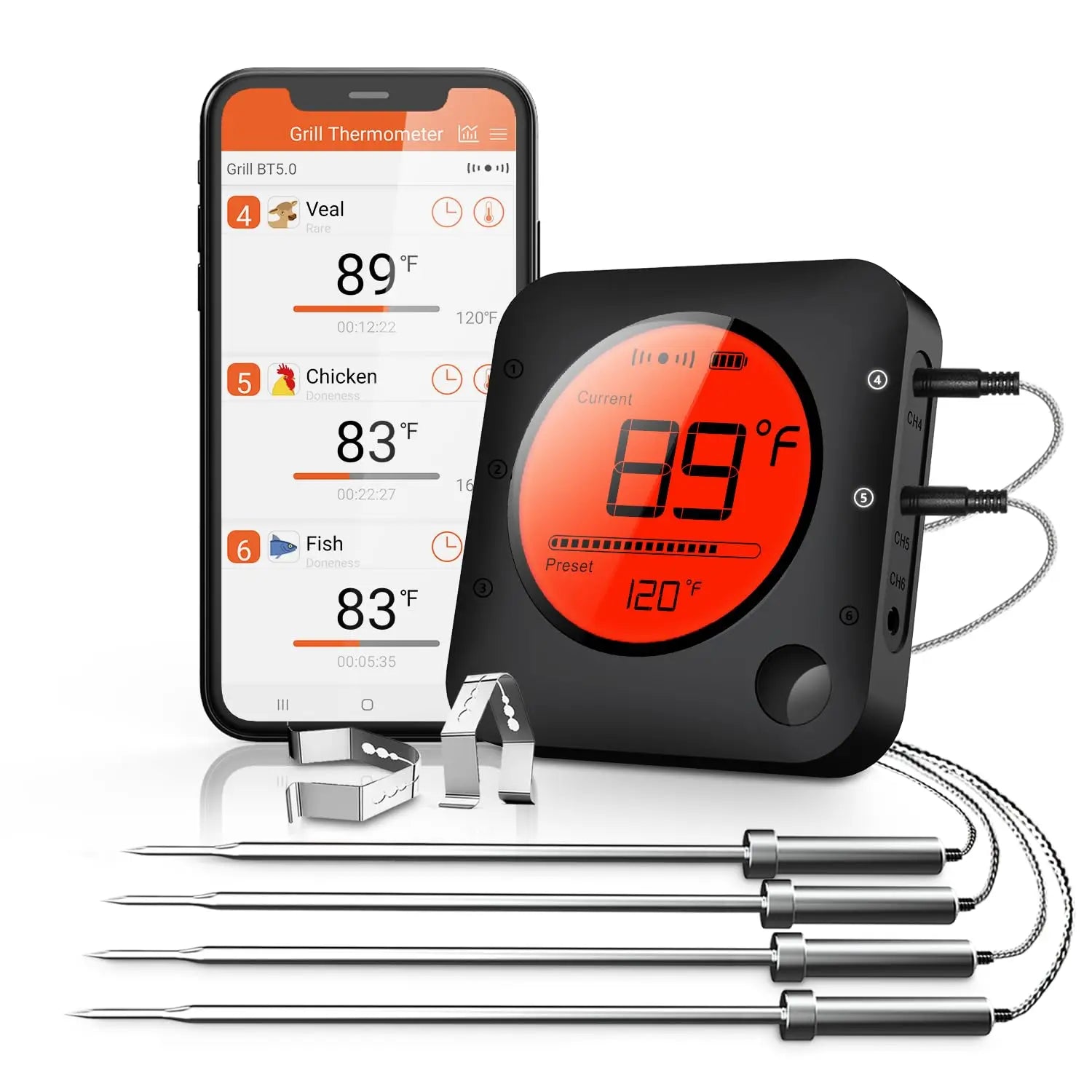 Thermomètre à Viande Bluetooth 6 Sondes – Thermomètre Numérique pour Barbecue, Fumeur, Four et Bonbons