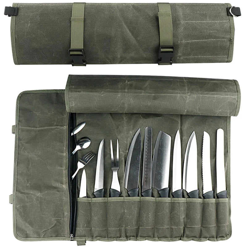 Army green canvas knife roll with 11 slots – photo 1