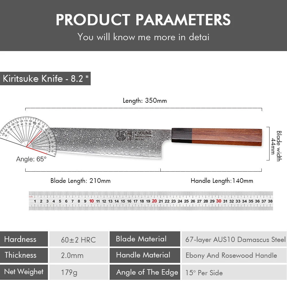 F.YOUNG 8.2" Japanese Style Kiritsuke Knife – Hand Forged Damascus Steel Chef Knife