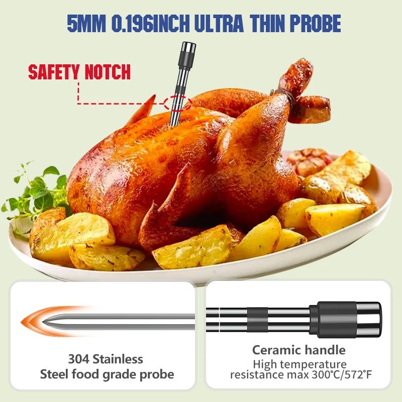 Smart Wireless Meat Thermometer – 5mm Ultra-Thin Bluetooth Probe with Large LCD for BBQ & Oven