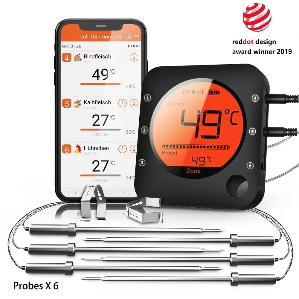 Thermomètre à Viande Bluetooth 6 Sondes – Thermomètre Numérique pour Barbecue, Fumeur, Four et Bonbons