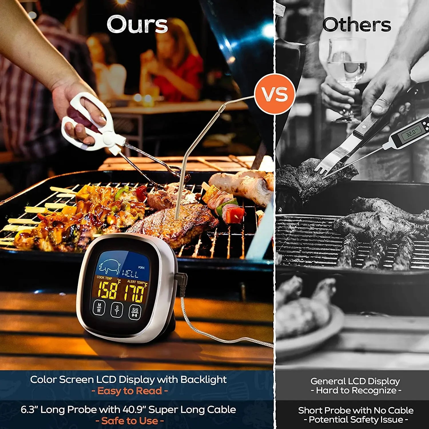 Digital Meat Thermometer with Probe – Instant Read BBQ Grill Thermometer