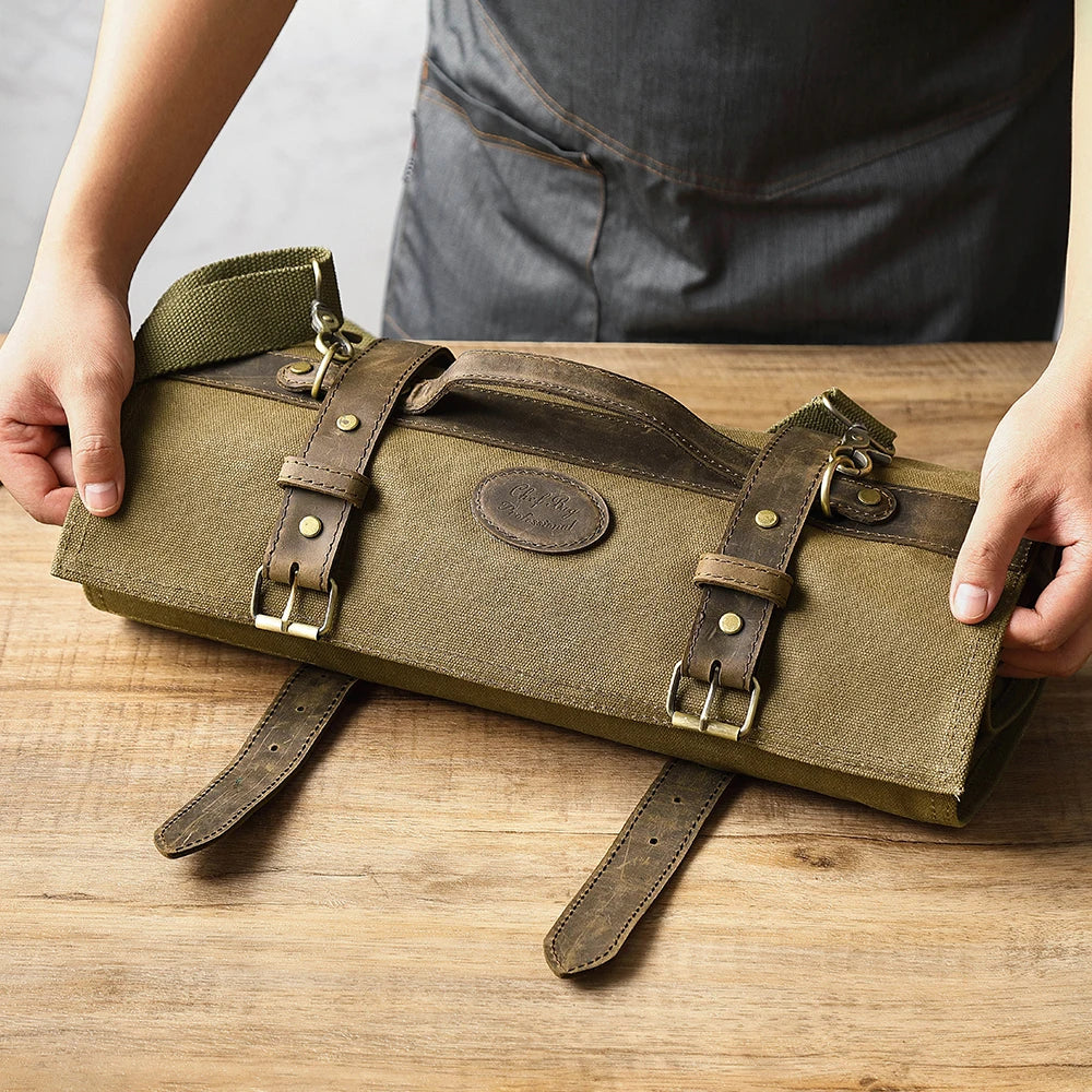 RollChef leather and waxed canvas 12-slot chef knife roll – view 4