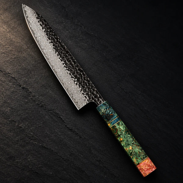 Japanese-style chef knife with 20.5 cm Damascus-pattern blade and wood handle