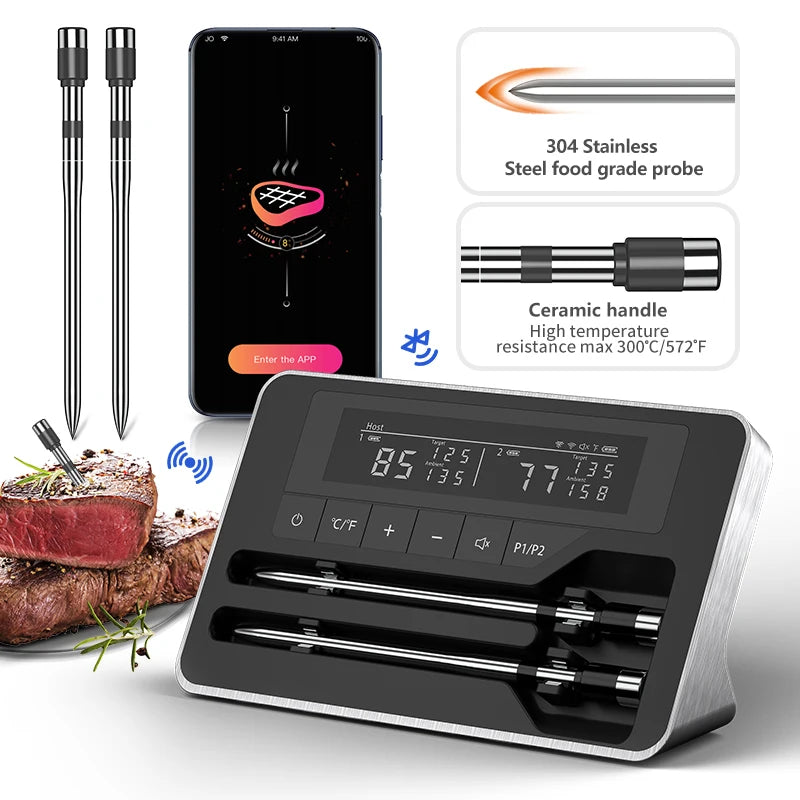 Smart Wireless Meat Thermometer – 5mm Ultra-Thin Bluetooth Probe with Large LCD for BBQ & Oven
