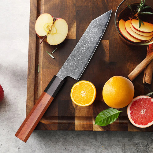 67-Layer AUS-10 Damascus Utility Knife – Japanese Kitchen Knife with Ebony & Rosewood Handle