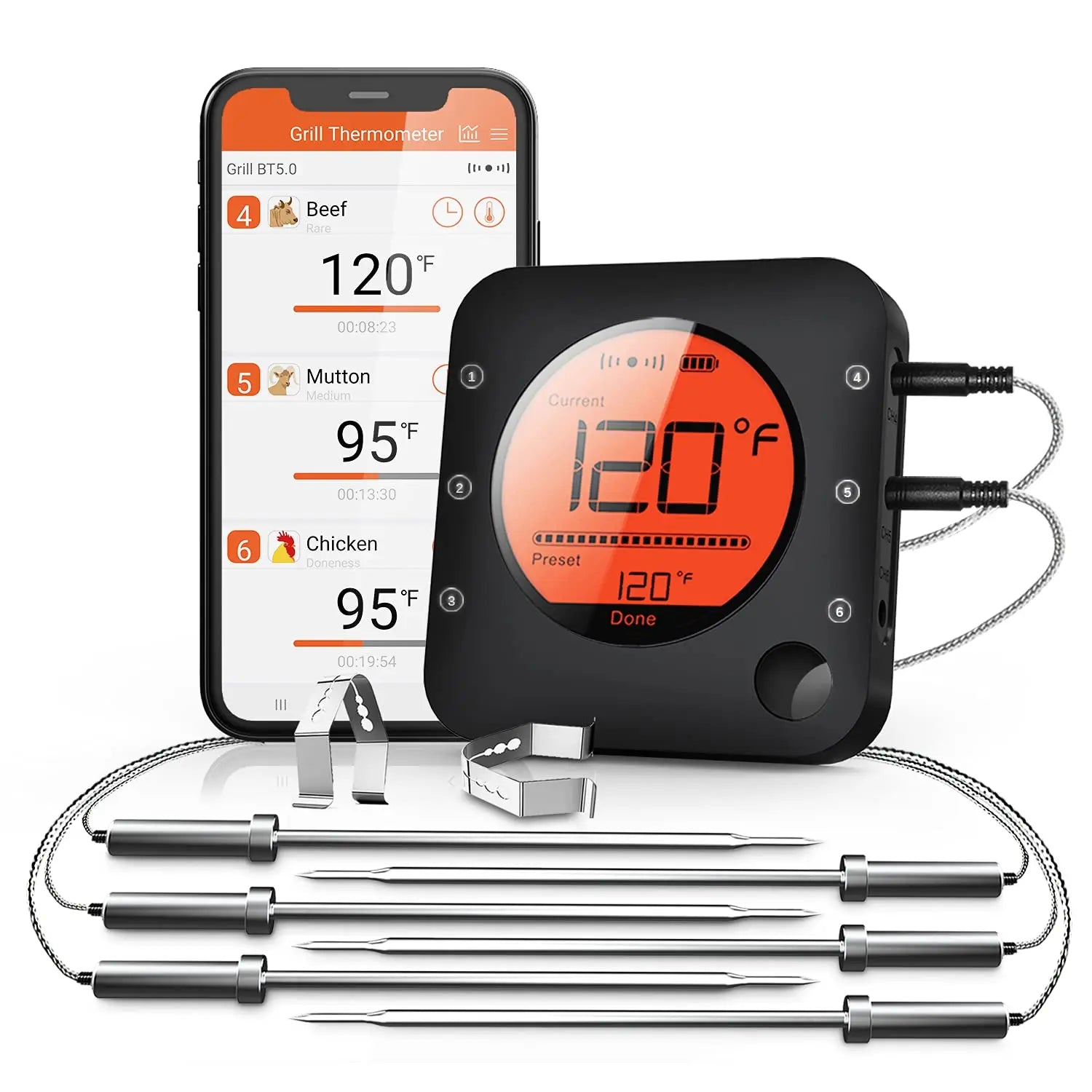 Thermomètre à Viande Bluetooth 6 Sondes – Thermomètre Numérique pour Barbecue, Fumeur, Four et Bonbons