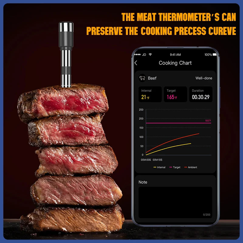 Smart Wireless Meat Thermometer – 5mm Ultra-Thin Bluetooth Probe with Large LCD for BBQ & Oven