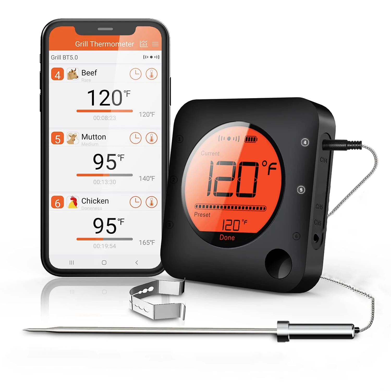 Thermomètre à Viande Bluetooth 6 Sondes – Thermomètre Numérique pour Barbecue, Fumeur, Four et Bonbons