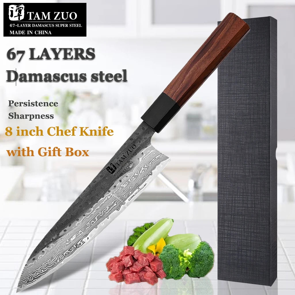 Damascus Steel Chef Knife – Wooden Handle Slicing & Boning Knife with Gift Box