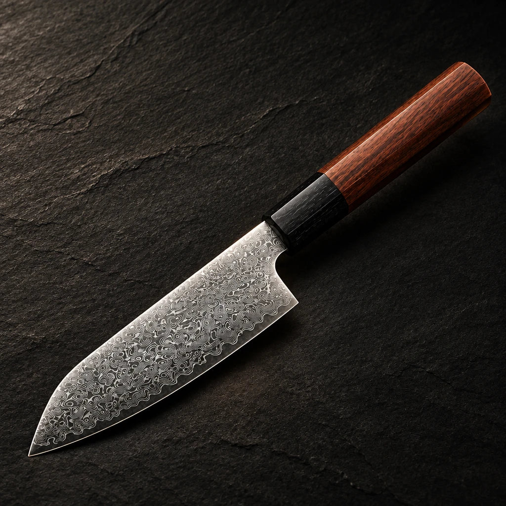 67-layer AUS-10 Damascus utility knife with ebony and rosewood handle – photo 3