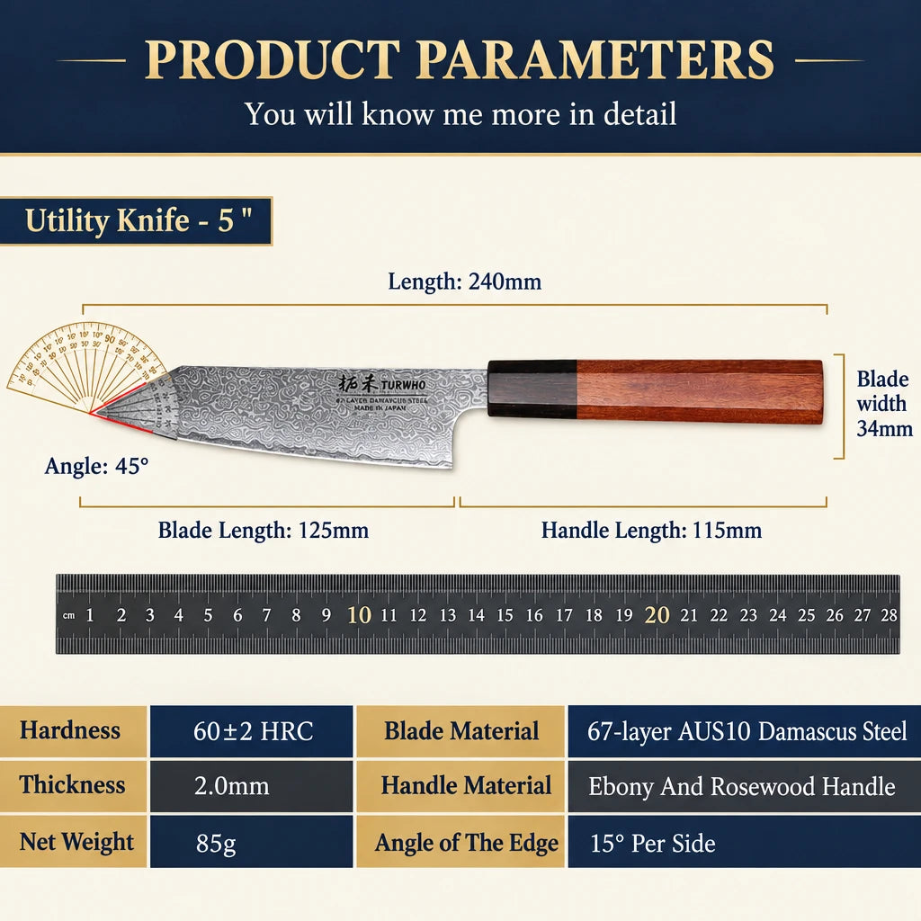 67-layer AUS-10 Damascus utility knife with ebony and rosewood handle – photo 5