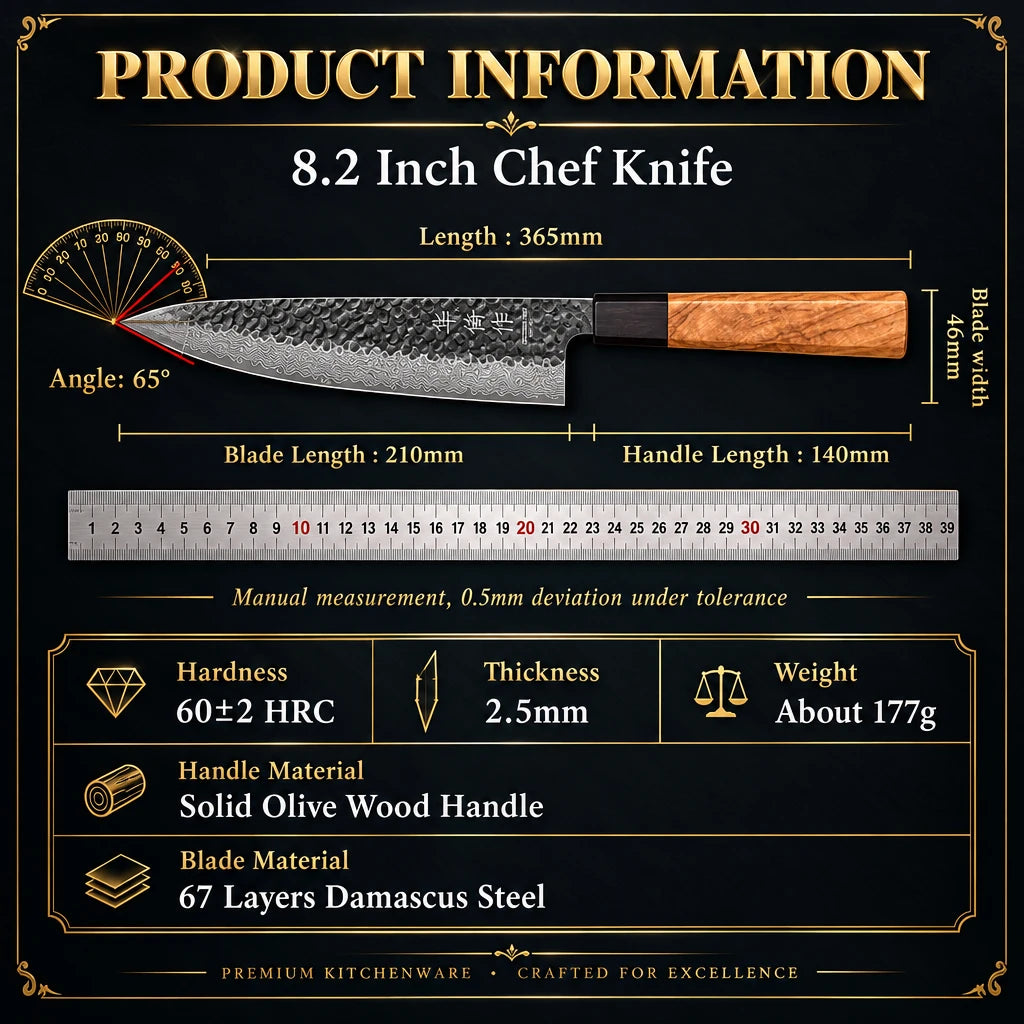 8.2-inch Damascus chef knife with 67-layer steel blade and olive wood handle – photo 7