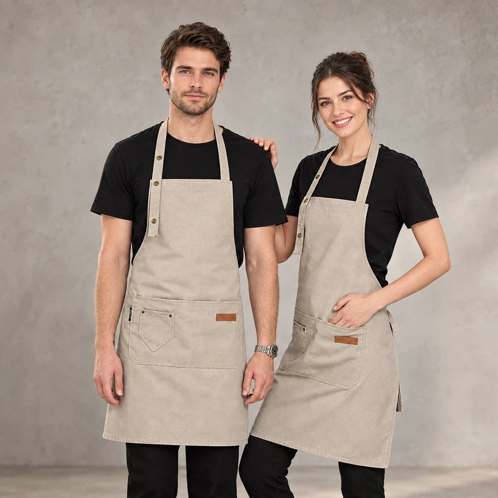 Polyester bib apron with pockets, adjustable – cream white – photo 1